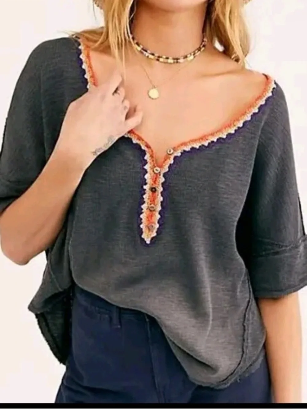 Free People We The Free Gray Batwing Oversized Crochet Waffle Knit Top - Picture 1 of 8